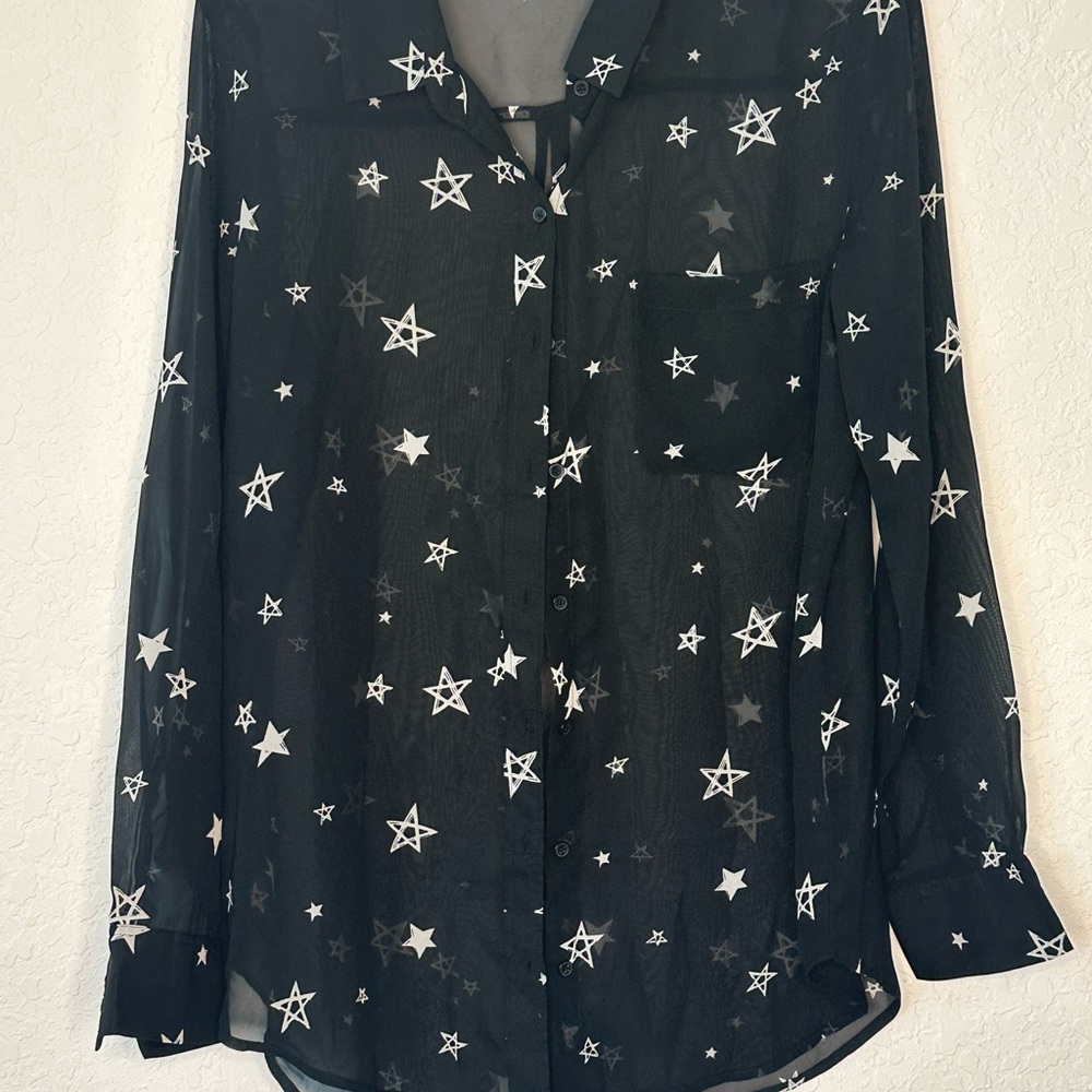 Black blouse with star pattern - Size medium - chiffon
